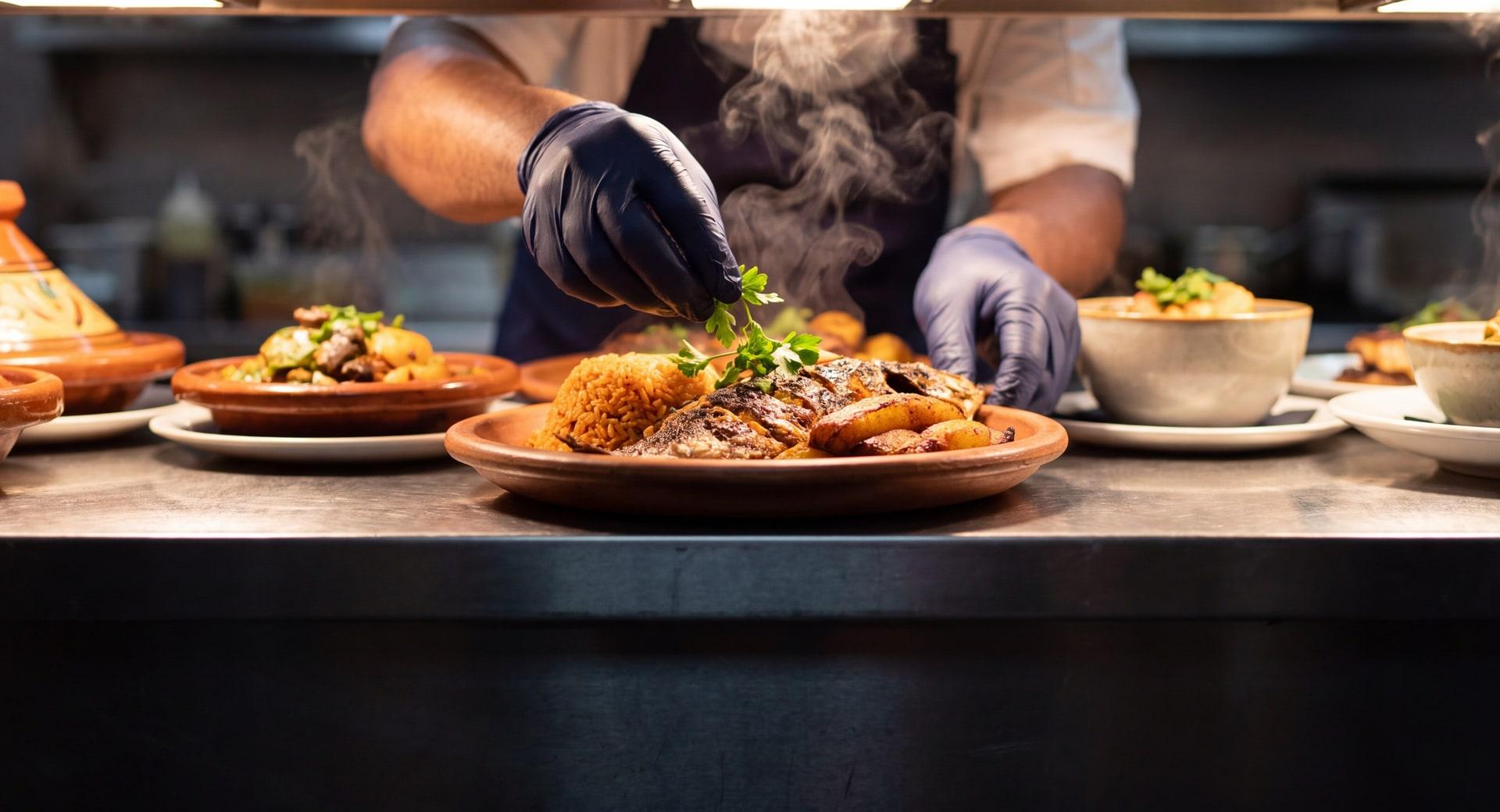A restaurant kitchen plating a dish to order