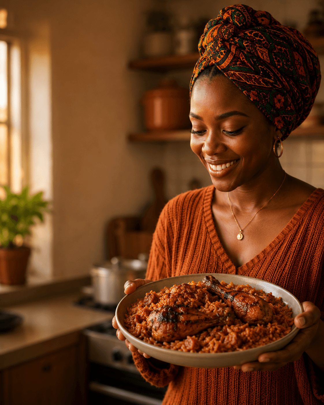 A home cook holding a fresh pan of jollof rice